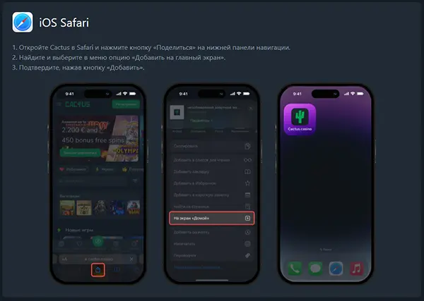 Установка казино Кактус на айфон